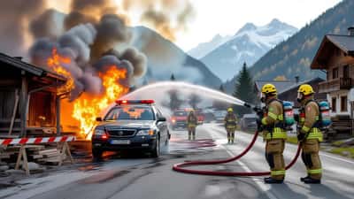 Colonne de fumée au-dessus d'une menuiserie en feu à Spiringen, pompiers en intervention