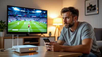 Mann optimiert WLAN-Router für WM-Live-Streaming der WM 2026 auf Smart-TV im Wohnzimmer