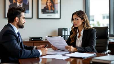Mujer hispana revisando documentos de contrato con un abogado en oficina de producción televisiva en Los Ángeles