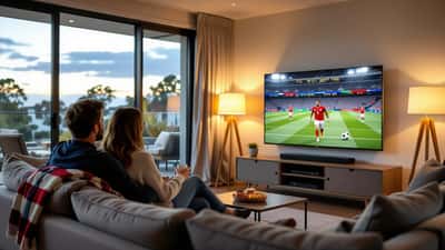 Australian couple watching World Cup 2026 quarter-finals on wall-mounted TV in renovated living room with blackout blinds and sectional sofa