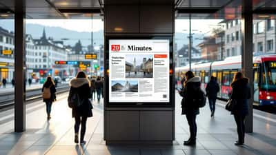 Kiosque suisse affichant la une digitale du journal 20 minutes en 2026