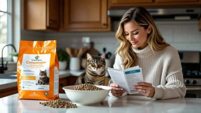Woman reading cat food label with concerned expression, tabby cat beside kibble bowl on kitchen counter