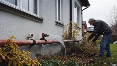 Hausbesitzer prüft eingefrorene Außenwasserleitung im Frühling in Österreich
