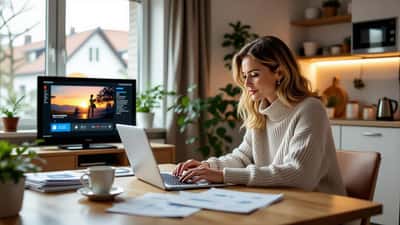 Kvinde gennemgår husstandens streaming- og medieudgifter på en bærbar computer med et smart-tv i baggrunden