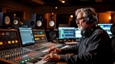 Äänitysstudio Helsingissä, miksauspöytä ja analogilaitteet, studioteknikko hämärässä valaistuksessa