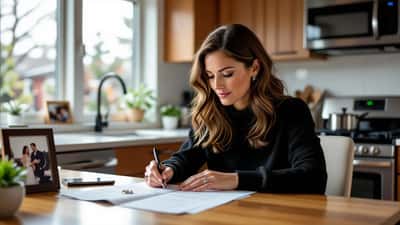 Femme révisant des documents de séparation juridique à une table de cuisine, bague de mariage posée à côté