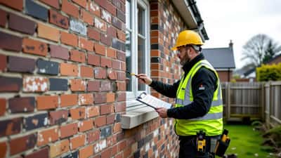 Structural engineer examining diagonal brick masonry crack on British home after military aircraft incident