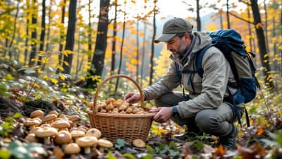 Raccoglitore esamina cesto di funghi nel bosco appenninico, tra cui un esemplare sospetto simile all'Amanita phalloides