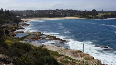 Coogee Beach Sydney with clear blue water and sandy shoreline, aerial view