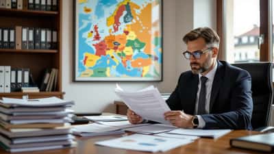 Österreichischer Anwalt in Wiener Kanzlei prüft EU-Sanktionsdokumente mit Karte Osteuropas im Hintergrund