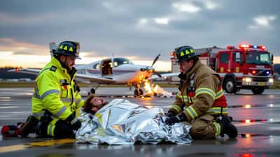 Petit avion accidenté sur une piste d'aéroport avec des équipes d'urgence