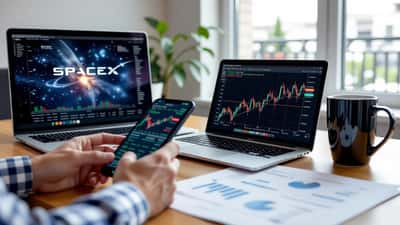 Canadian investor reviewing the SpaceX SPCX stock chart on a laptop and phone at a home desk