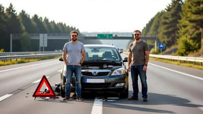 Autopanne durch extreme Hitze: Fahrer steht neben überhitztem Auto auf Autobahnstandstreifen