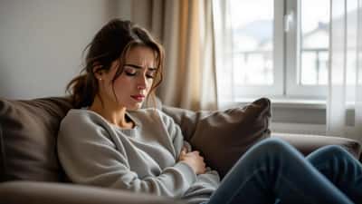 Femme en état de détresse psychologique assise seule dans un appartement suisse après un événement traumatisant