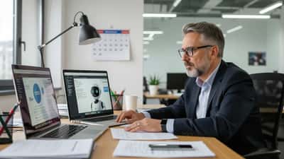 Dirigeant de PME français inquiet devant une interface d'intelligence artificielle sur son ordinateur portable