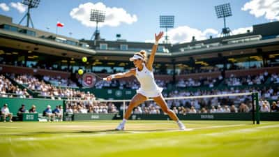 Linda Nosková serves on the Wimbledon Centre Court grass in 2026, photographed for Expert Zoom sports analysis coverage