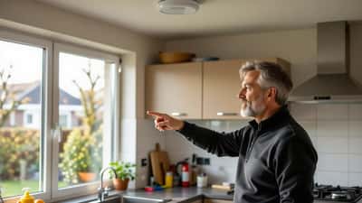 Huiseigenaar wijst naar rookmelder aan plafond in Nederlandse woning, brandpreventie