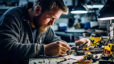 Elektronik-Techniker in München repariert ein iPhone mit Werkzeug auf einem Arbeitstisch