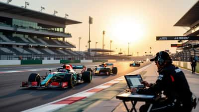 Coche de Fórmula 1 en el circuito de Bahréin al atardecer con mecánico analizando datos