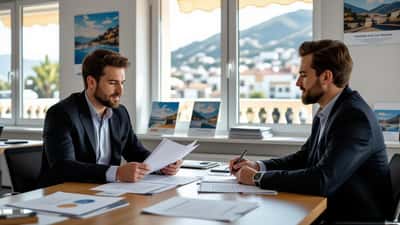Jeune candidat aux municipales 2026 consultant des documents officiels de déclaration dans un bureau de campagne méditerranéen à Menton