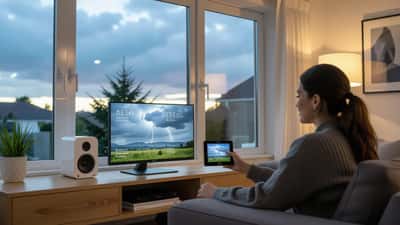UK homeowner checking smart home weather automation dashboard as storm clouds gather outside