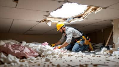 Contractor inspecting a hole punched through a residential bedroom ceiling with drywall debris and daylight coming through the roof breach