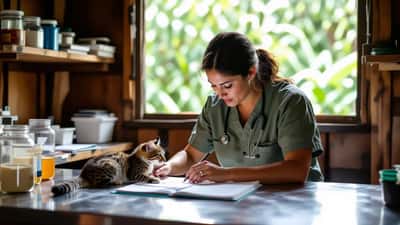 Veterinaria de fauna silvestre examinando un pequeño felino manchado en estación de investigación en bosques nublados de Bolivia