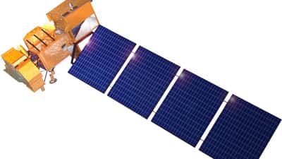 Landsat-7-Satellit der NASA in einem 3D-Render zur Erdbeobachtung, visualisiert die thermische Überwachung von Gebäuden und Landnutzung