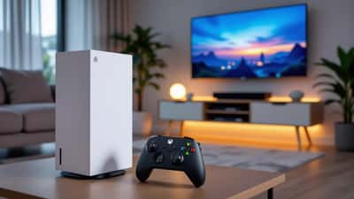 Xbox Series X console and controller on a modern UK living room TV stand