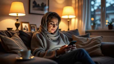 Femme canado-iranienne inquiète regardant son téléphone le soir dans son salon à Toronto
