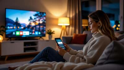 Norsk kvinne ser bekymret på smarttelefon med bankvarsel mens streaming-TV vises i bakgrunnen