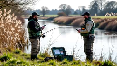 Angler showing fishing licence to Environment Agency officer on English riverbank