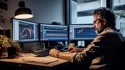 Especialista em cibersegurança a analisar emails de phishing em dois monitores num escritório em Lisboa
