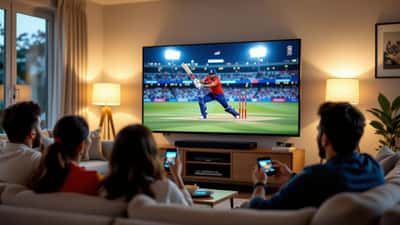 Cricket fans watching the England versus India ODI on a 4K television with a soundbar in a UK living room