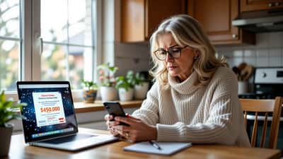 Femme examinant sur son téléphone un faux courriel de gain Loto-Québec, illustration d'une arnaque par hameçonnage