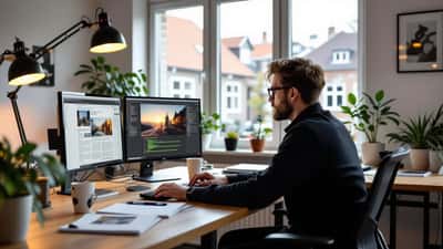 Journalist arbejder ved computer på dansk regionalavis-redaktion