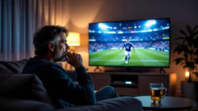 Man tittar sent på livesänt fotbollsmatch i mörk vardagsrum med handen mot bröstet