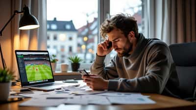 Man sitter stressad vid skrivbord med mobil som visar sportsbetting-app och skulddokument från Kronofogden runt om sig