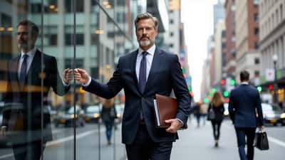 Corporate executive in a suit leaving a glass office tower on a city street