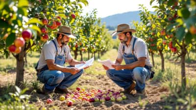 Arboriculteur suisse inspecte des pommes endommagées dans un verger de Thurgovie en été 2026, documents d'assurance récolte à la main