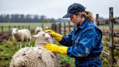 Landwirt mit Schutzhandschuhen untersucht Schaf auf Regenfäule-Läsionen auf deutschem Bauernhof