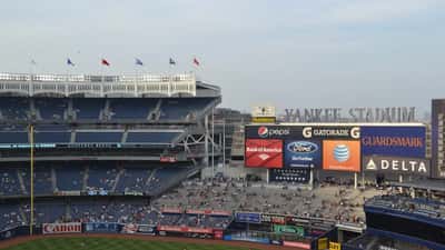 New York Yankees baseball players in action at Yankee Stadium during an MLB game