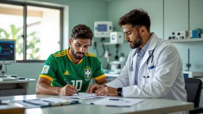Médico esportivo examinando a musculatura de um atleta de futebol em clínica esportiva em São Paulo