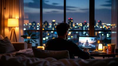 Homem assistindo streaming ilegal em laptop com aviso de pirataria em apartamento em São Paulo
