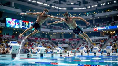Due tuffatori sincronizzati in volo sopra il trampolino da 3 metri agli Europei di Parigi