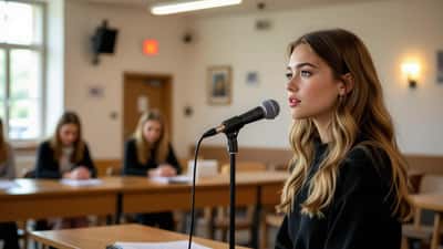 Ung sångerska vid mikrofon i auditionlokal, nervös inför Idol 2026-juryn i Stockholm