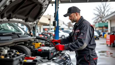 Mechanic testing a car battery in a Melbourne workshop on a wet winter morning