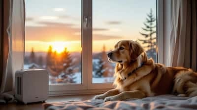 Perro dentro de casa junto a una ventana con cielo anaranjado por el humo de incendios y un purificador de aire