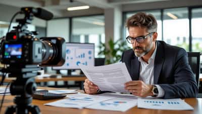 Homem brasileiro revisando contratos financeiros em escritório moderno no Rio de Janeiro, câmera de TV desfocada ao fundo