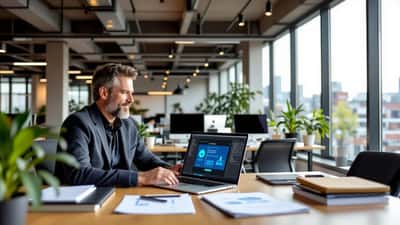 IT-consultant in Amsterdam-kantoor bekijkt AI-chatinterface op laptop naast uitgeprinte contracten